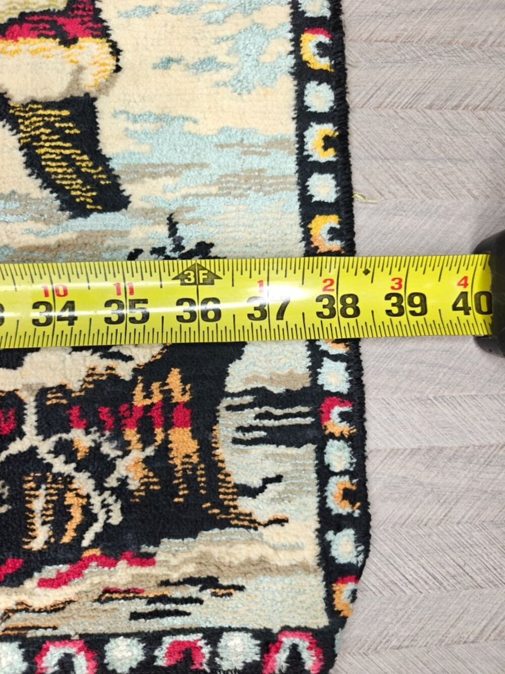 Vintage 70s Tapestry Belgium Santa Dog Sled Velvet Carpet Wall Decor Lodgecore - Picture 7 of 9
